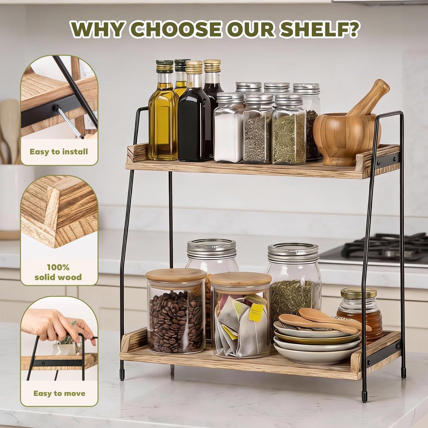 Ribech Wooden Coffee Organizer, 2 Tier Kitchen Worktop Shelf, Suitable for Kitchen, Home and Office - Brown