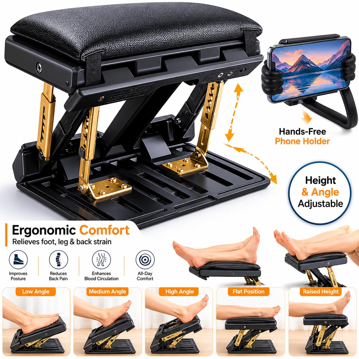 Foot Rest Under Desk with Phone Holder & Soft Pad, 4-Level Adjustable Foot Stool Support 120 lbs, Foldable Foot Stool Under Desk