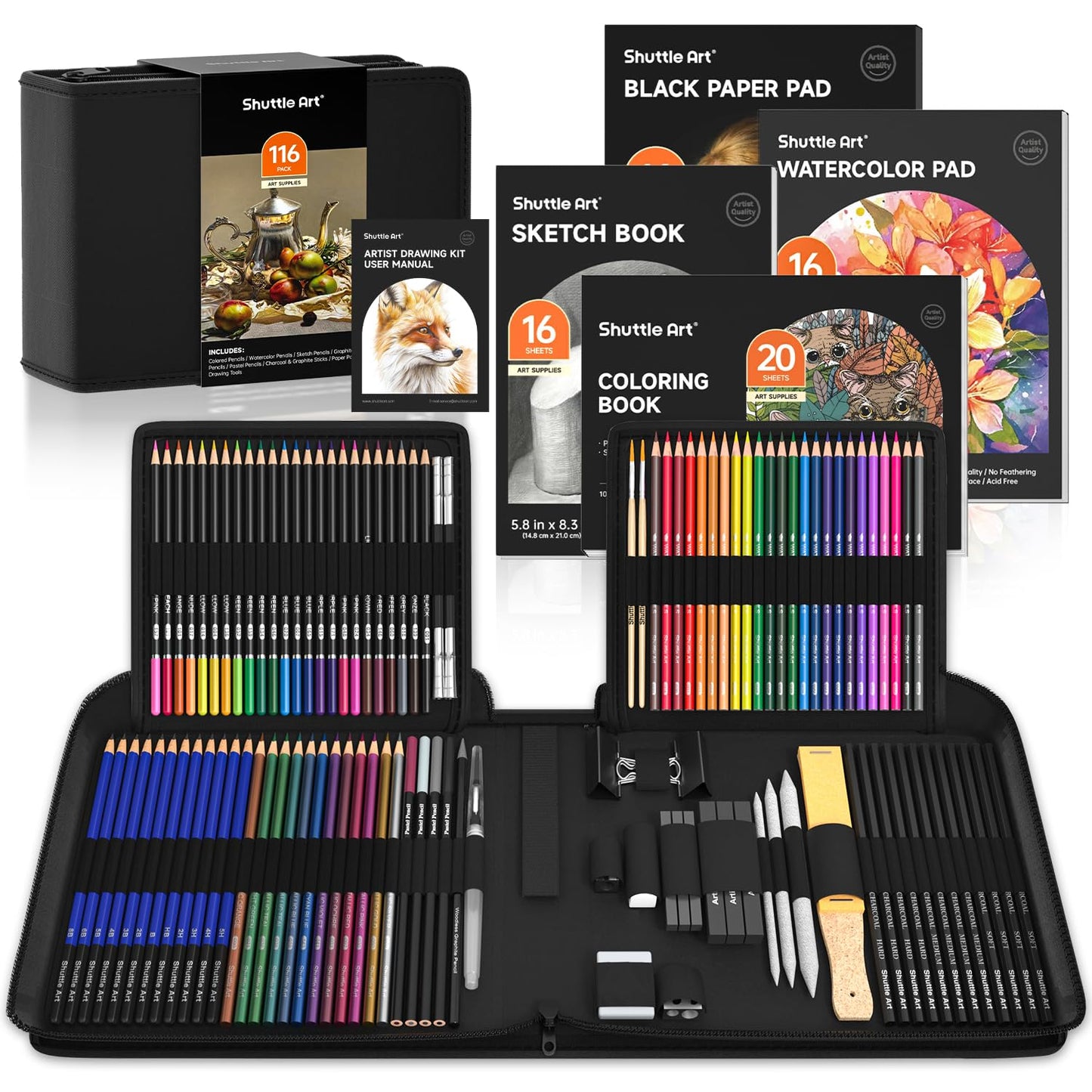 Shuttle Art 116 Pack Sketching and Drawing Pencils Set, Sketch Art Pencil Set with 4 Drawing Pads, Graphite Pencils in Zipper Case, Colouring Pencils