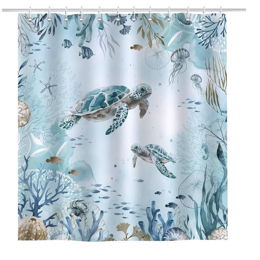 Disnace Shower Curtain Sea Turtle Theme Bath Curtain, Coastal Decor Theme Blue Ocean Beach Scenery Waterproof Shower Curtain, Teal Fabric Bath