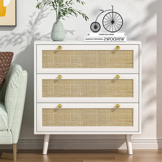 Yvsevnr White 3 Drawers Rattan Dresser Wood Chest of Drawers Bedroom Clothes Drawers with Sturdy Handles & Legs, Boho Rattan Closet Dresser for