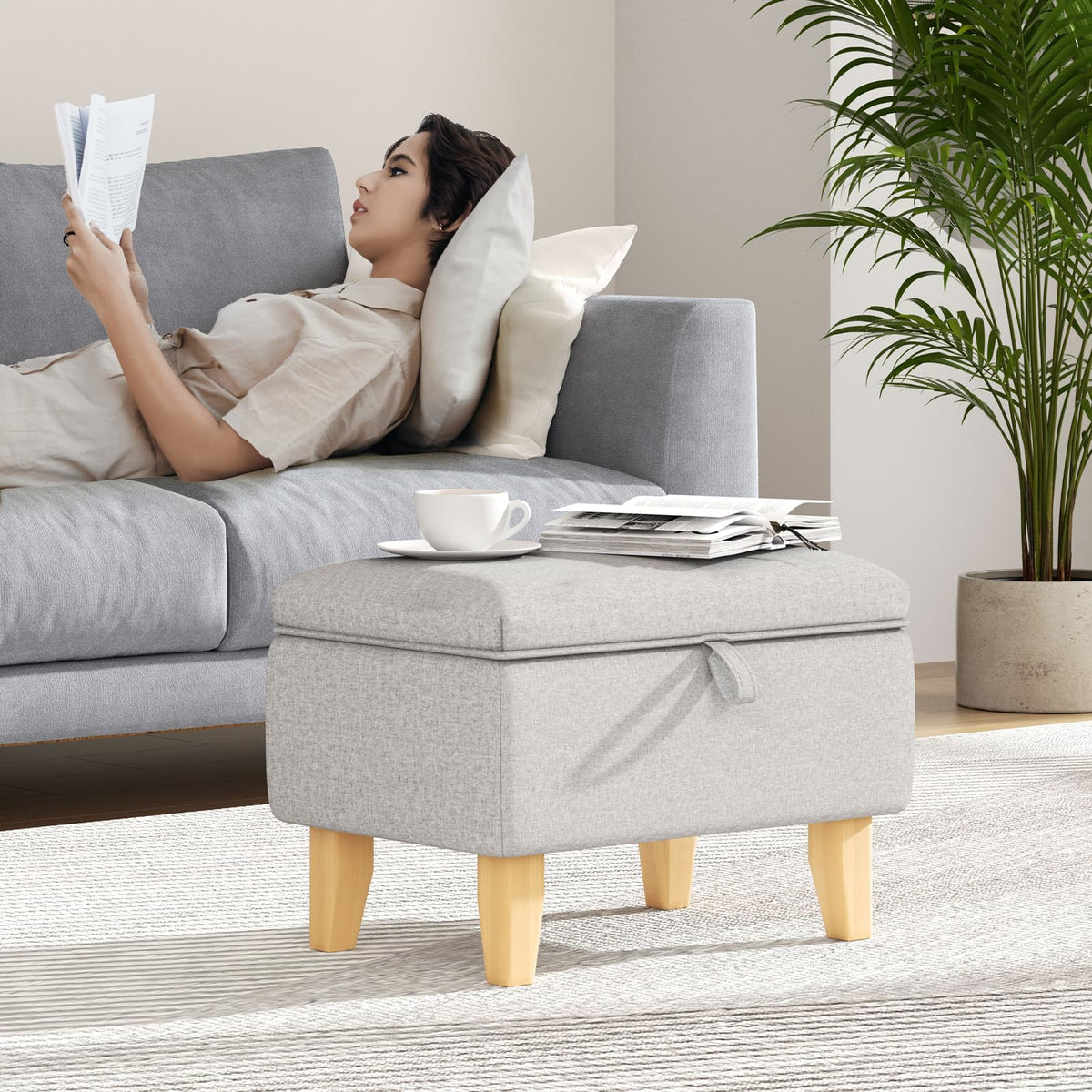 INMOZATA Linen Storage Footstool Upholstered Ottoman Footstool with Storage Pouffe Stool Change Shoe Footrest With Wooden Legs for Living Room
