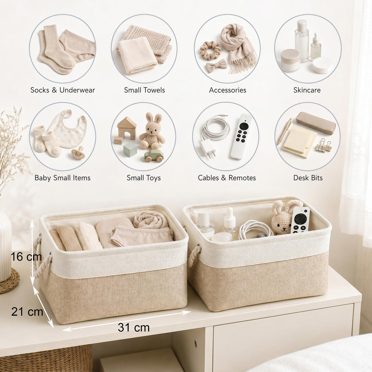 Mangata Storage Boxes, Small Fabric Storage Baskets with Rope Handles for Cupboards, Shelves, Wardrobe, Toys, Clothes Foldable, Light Khaki White