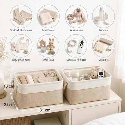 Mangata Storage Boxes, Small Fabric Storage Baskets with Rope Handles for Cupboards, Shelves, Wardrobe, Toys, Clothes Foldable, Light Khaki White