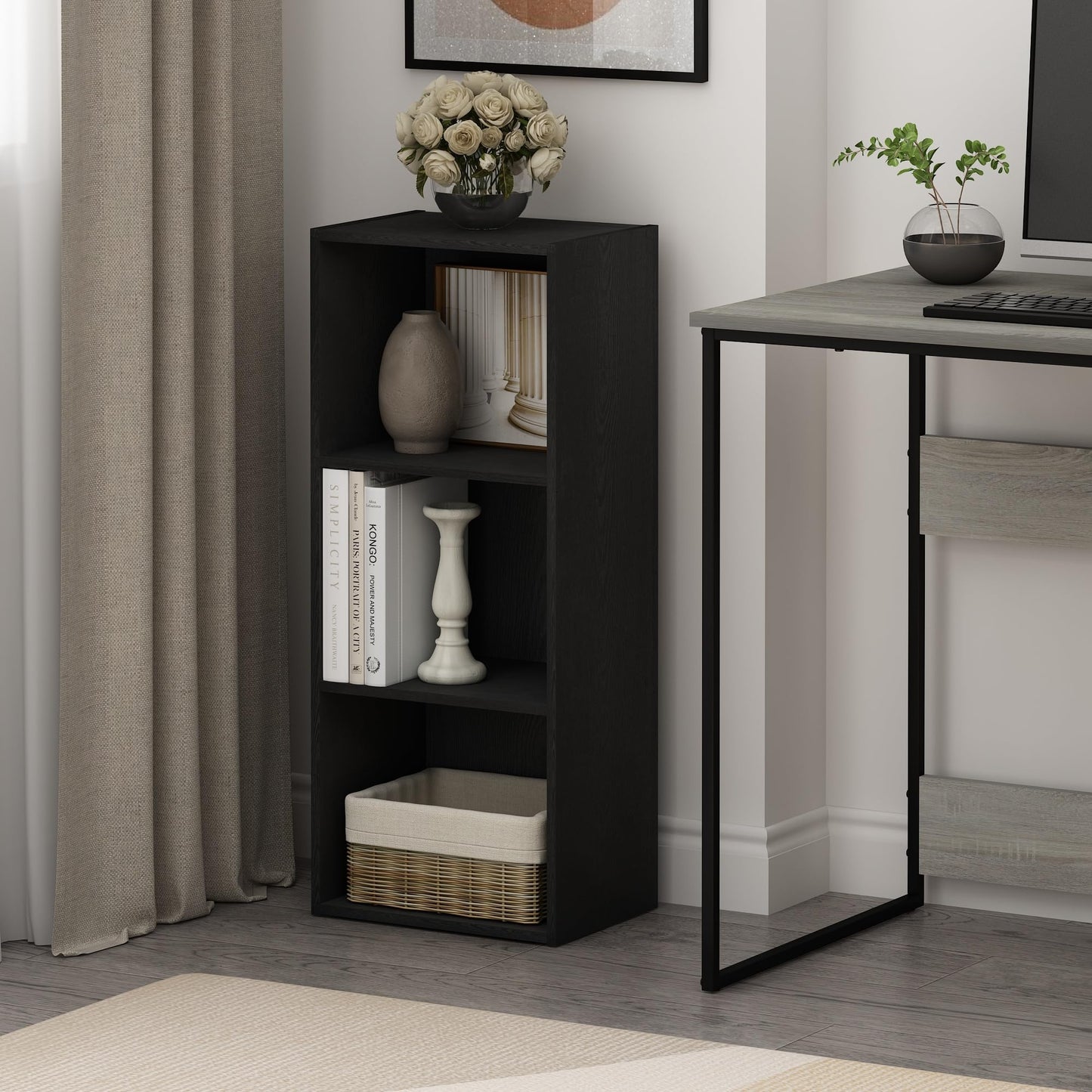 Furinno LUDER Book Shelf, 3-Cube Bookcase, Bookshelf, Open Storage Shelf, 23.6cm x 30.5cm x 80cm, for Home Office, Living Room, Darkwood