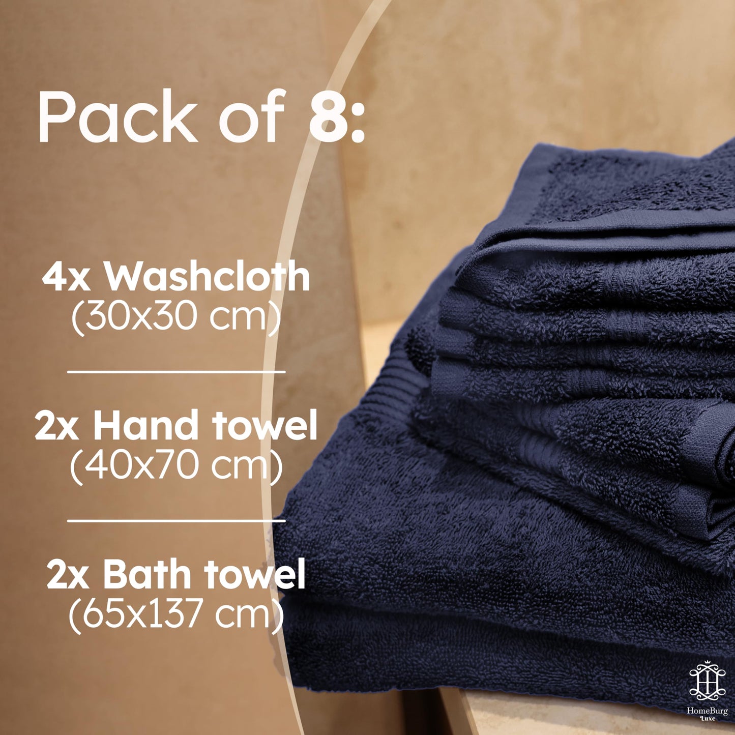 HomeBurg Luxe Set – Washcloths (30 x 30cm), Hand Towels (40 x 70cm) & Bath Towels (65 x 137 cm) – 100% Cotton, Soft, Absorbent, Easy Care, Versatile