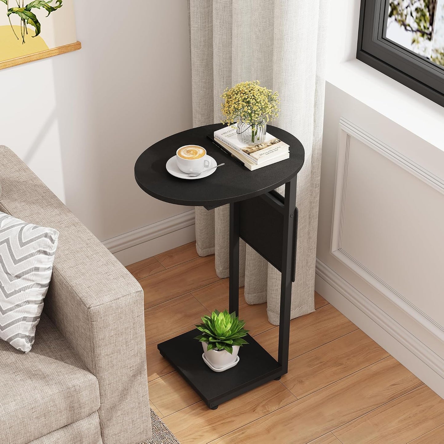 Vagusicc C Shaped End Table, Small Couch Side Tables with Metal Frame that Slide Under Sofa Table TV Tray for Living Room, Bedroom, Black