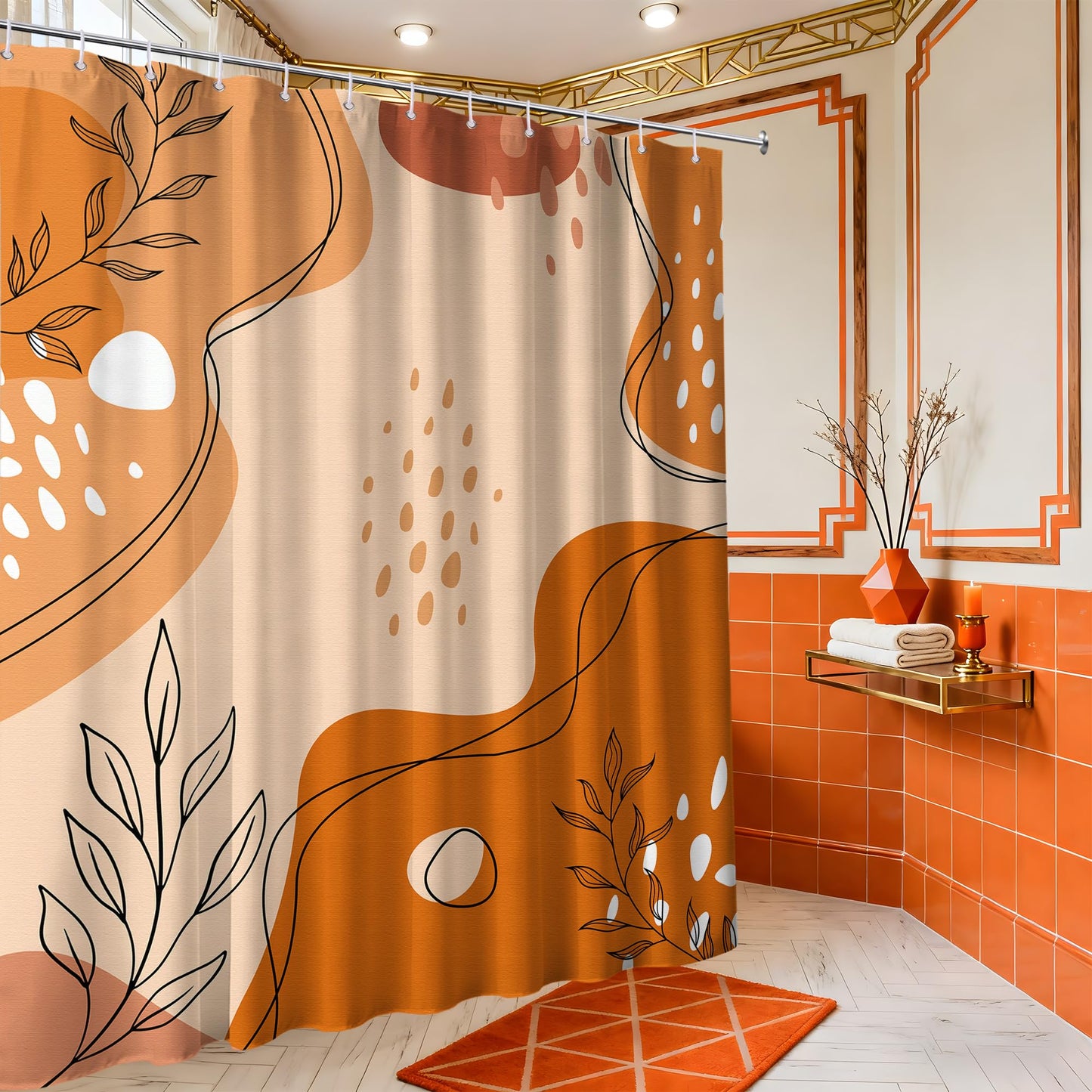 LanZanthic Burnt Orange Shower Curtains for Bathroom Orange Mid Century Modern Wet Room Shower Curtain with hooks, Mould Proof Resistant, Waterproof