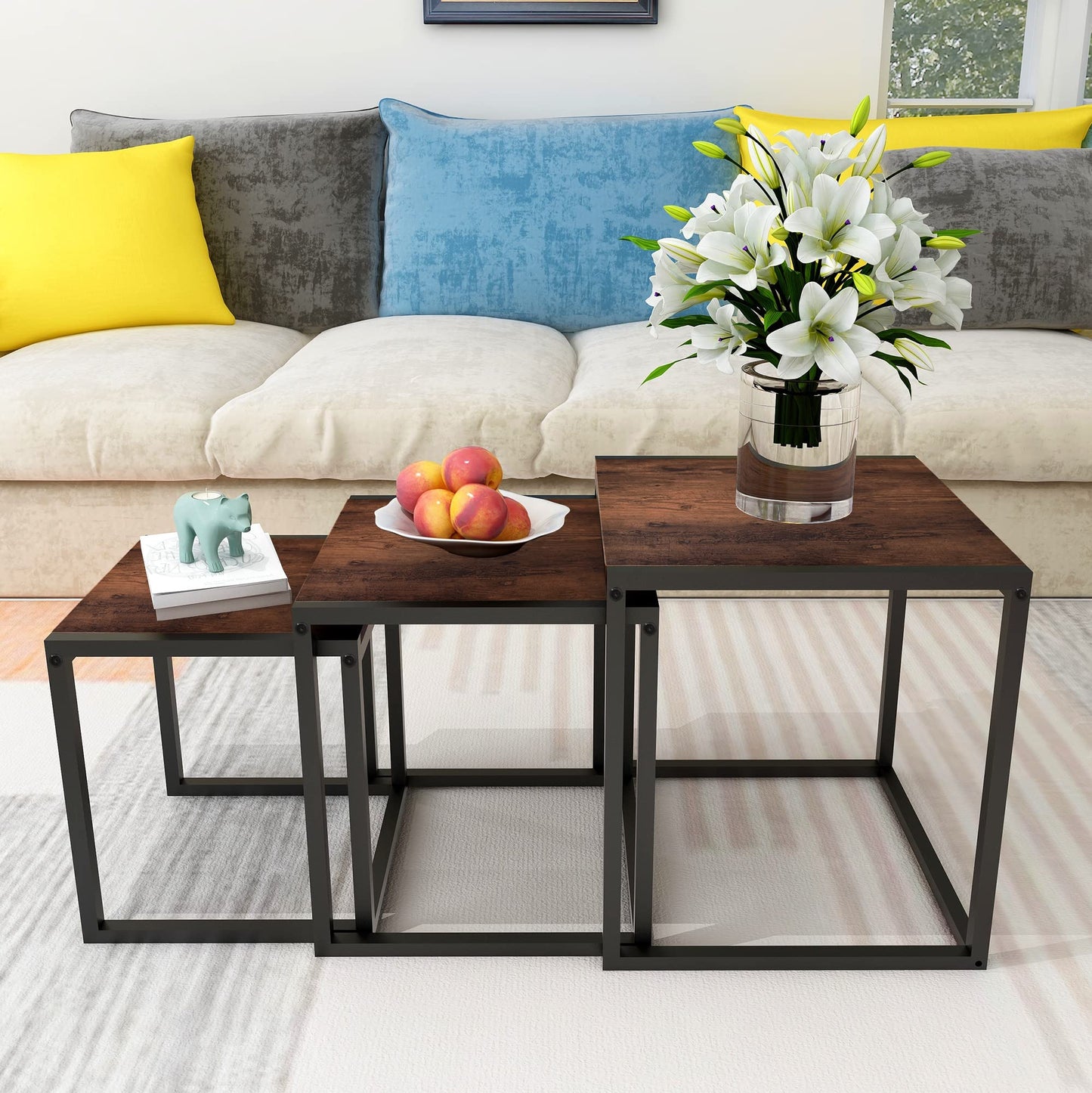 HAHRIR Nesting Coffee Table Set of 3, Stacking Metal Side Tables, Brown