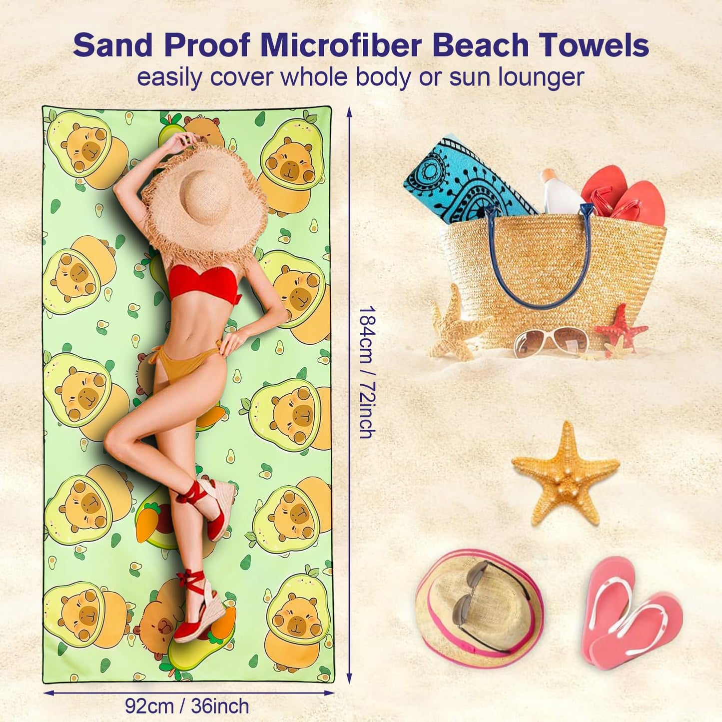 Violetpos Capybara & Avocado Beach Towel, Extra Large 180x90 cm 250GSM Microfibre, Sand Free Quick Dry