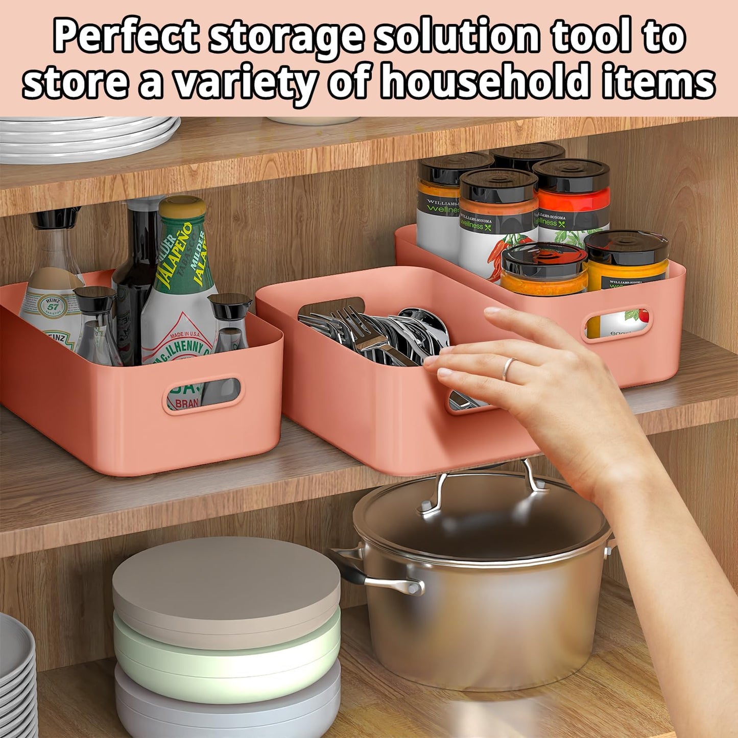 W&H 5 PCS Plastic Storage Boxes, Small Storage Baskets with Handle, Kitchen Cupboard Organiser, Plastic Baskets for Bathroom, Drawer, Shelves