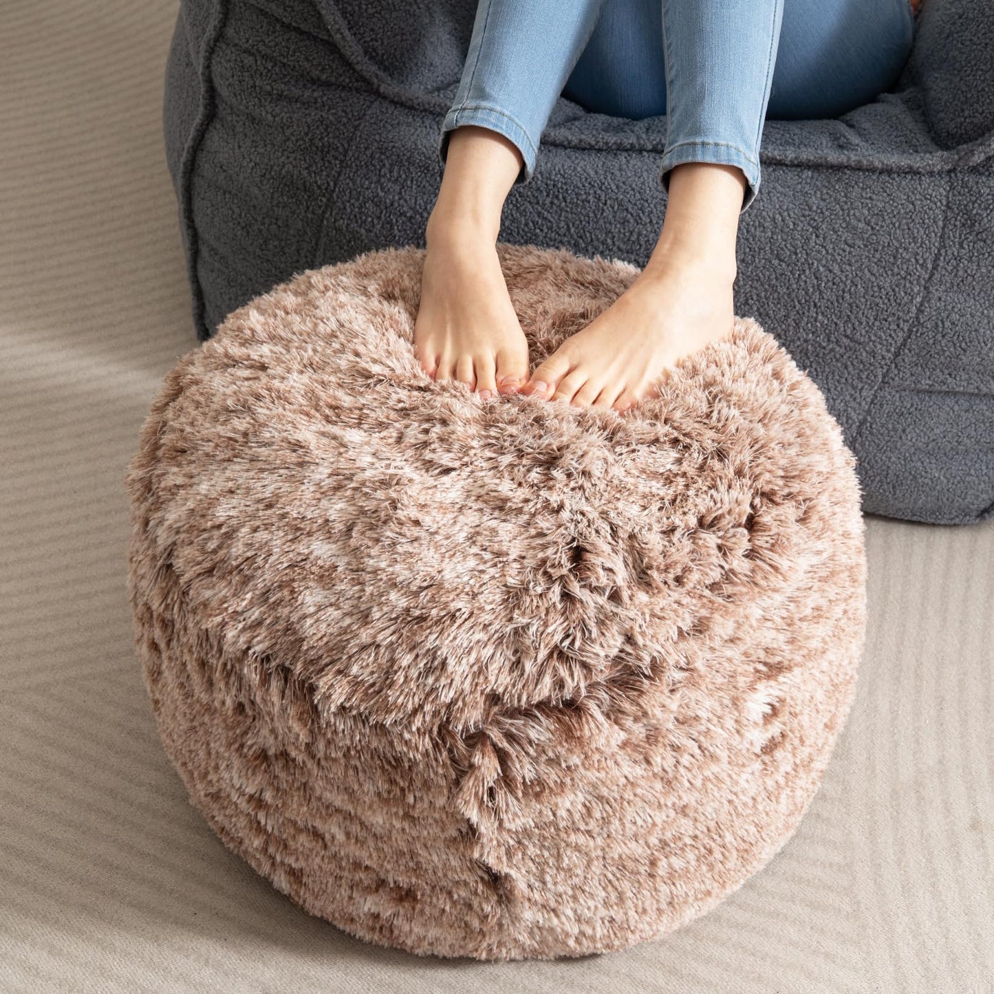 HIGOGOGO Faux Fur Beanbags Round Footstool Bean Bag Pouf with Foam Chunk Filling, 50 x 35 cm Floor Poufs Foot Rest for Living Room, Coffee