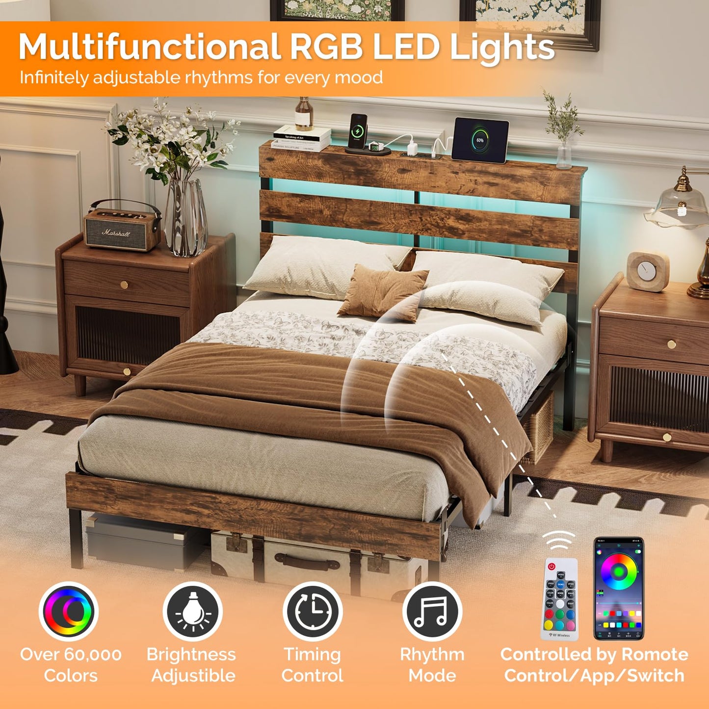 Bonnlo 4ft6 Double Bed Frame with Storage Headboard & LED Lights, 135x190cm, Metal Bed Frame with Charging Station (USB/Type-C/2 Outlets)