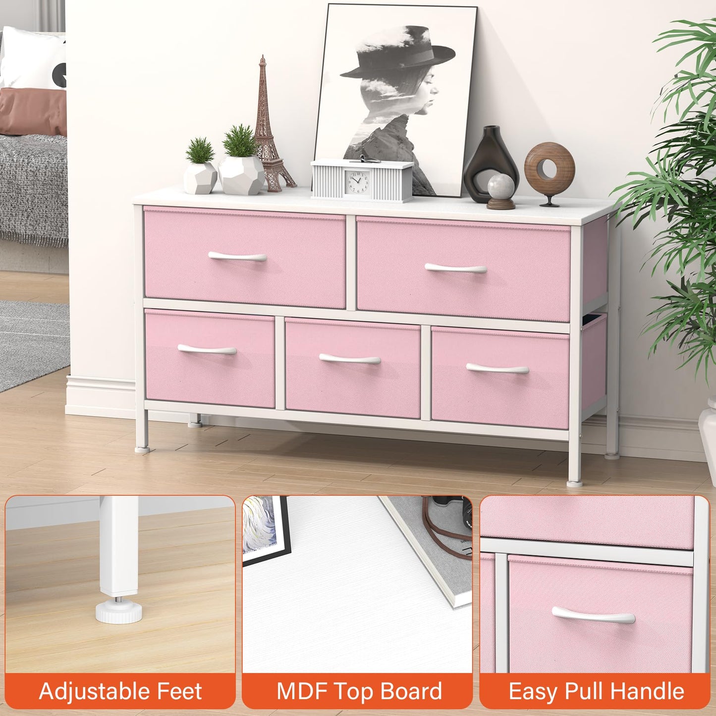 Feonase Bedroom Chest of Drawers, 5 Fabric Drawers Dresser with Metal Frame and MDF Top Board, Modern Storage Unit for Bedroom Living room, Entryway