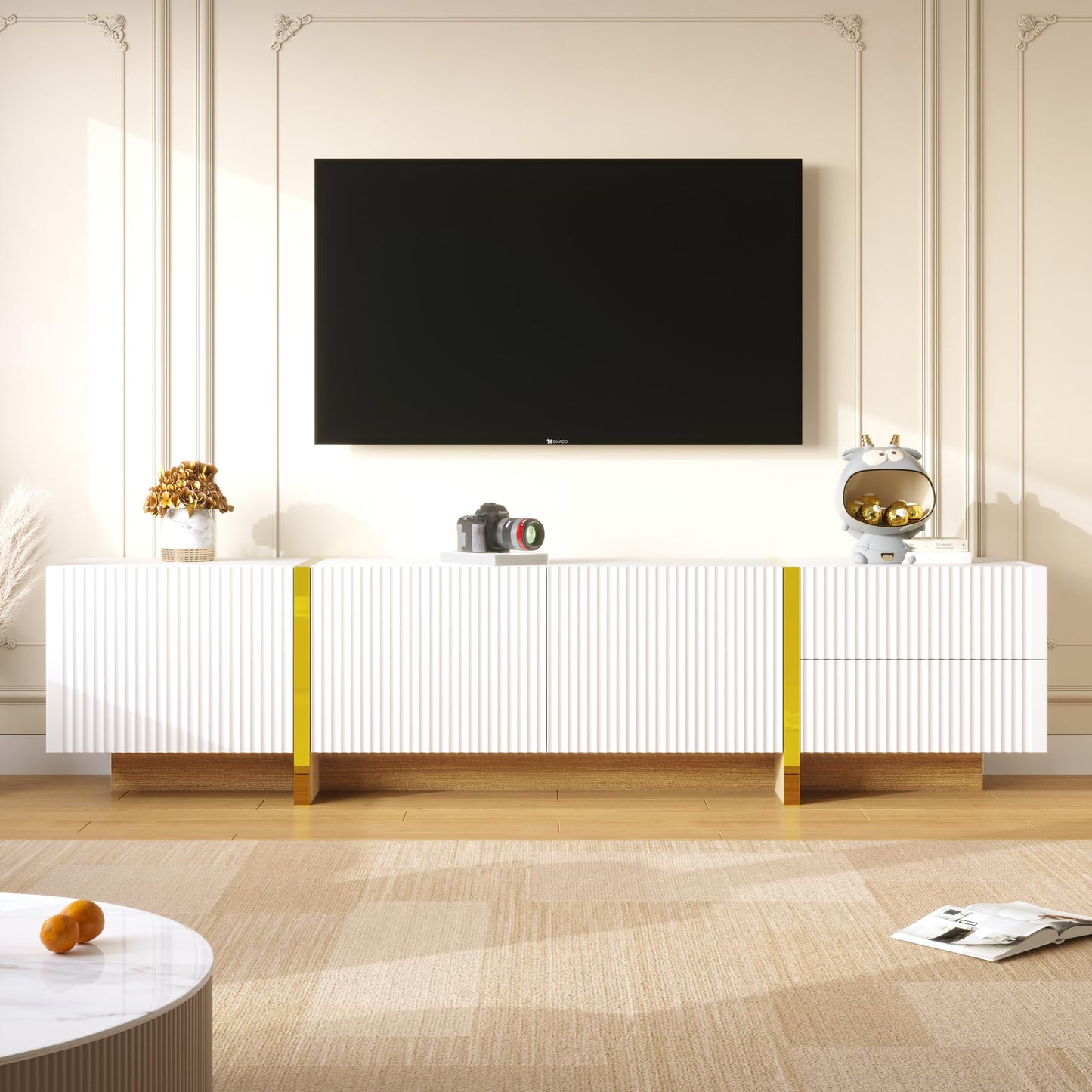 Ball & Cast TV Cabinet for TV up to 85", TV Stand with 2 Drawers, 2 Cabinets and Open Shelves, Embossed Pattern TV Stand Cabinet, 190x35x34cm