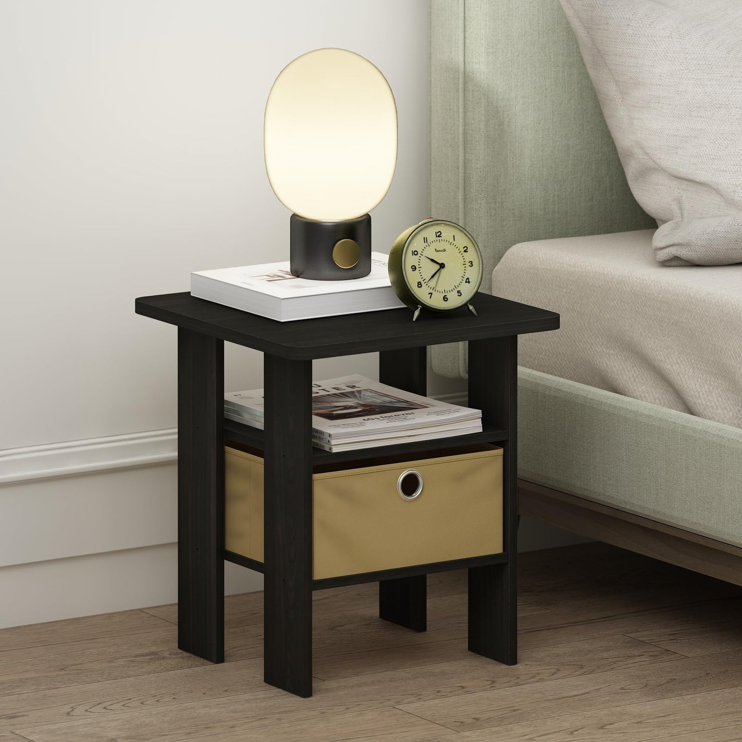 Furinno TIDUR Set of 2, Bedside Table with Storage Bin, Espresso