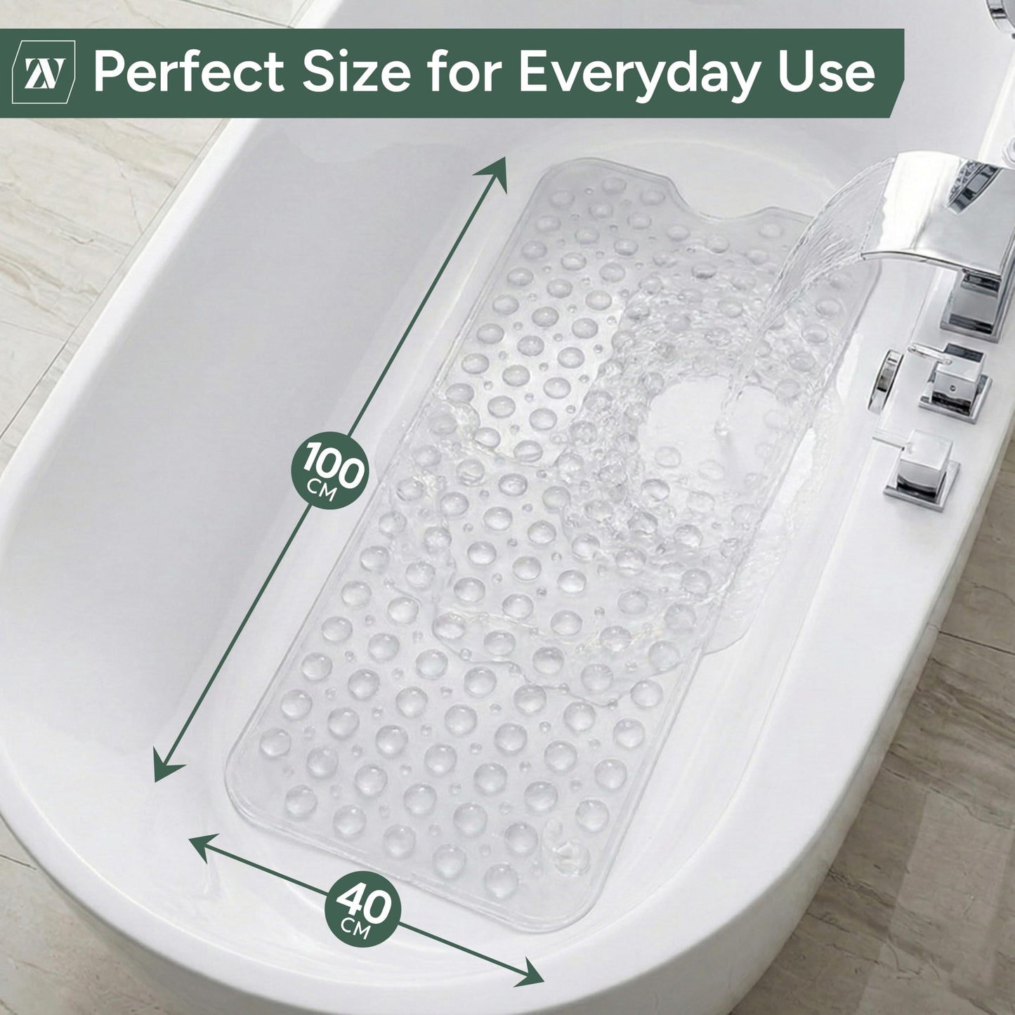 Zuvo Extra Long Bath Mat Non Slip Anti Mould, 100 x 40 cm, White