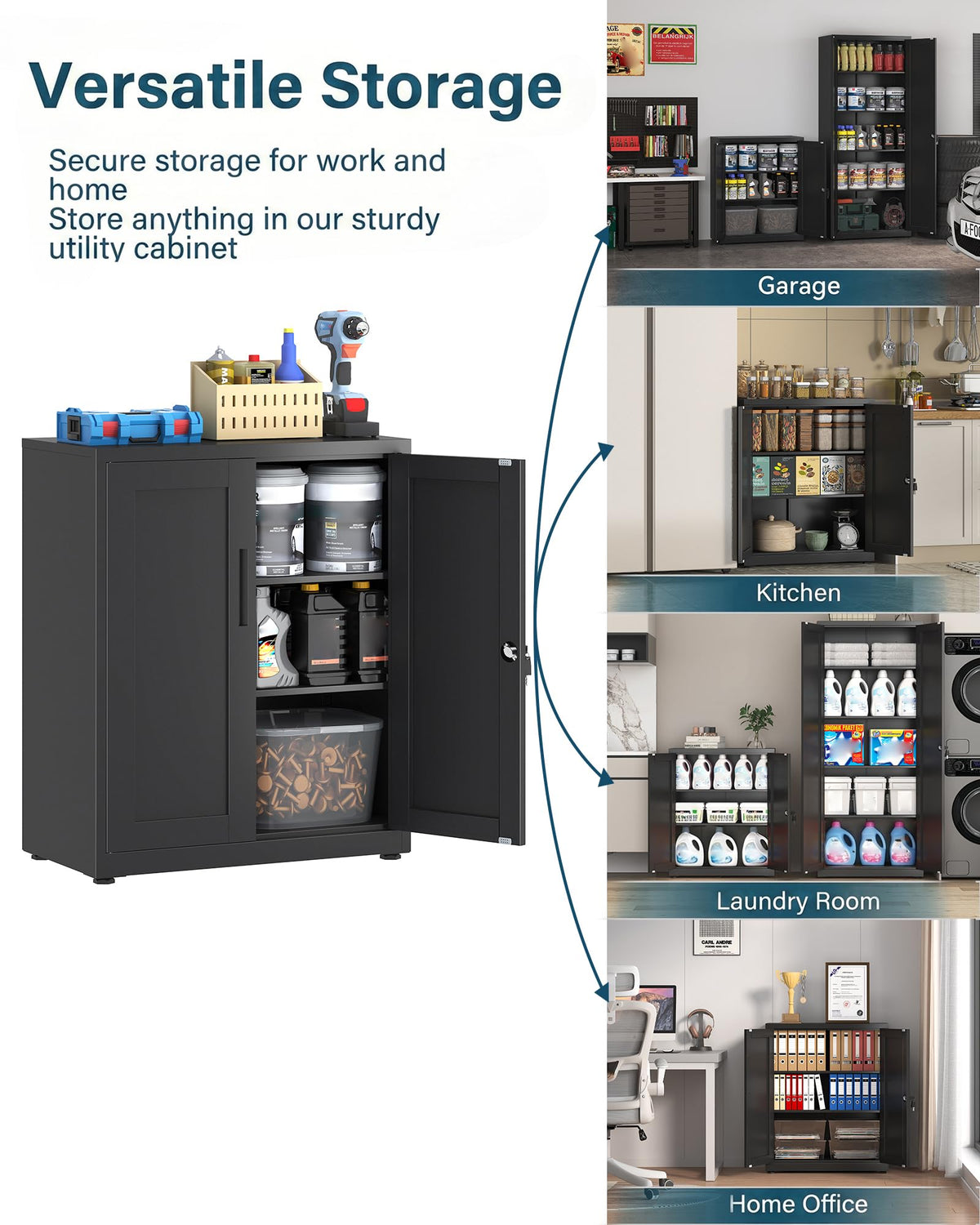 HOMSTEEL Storage Cabinet, Metal Locking Garage Cabinet, Office Cabinet with Adjustable Shelves, Cupboards for Office, Garage and Utility Room