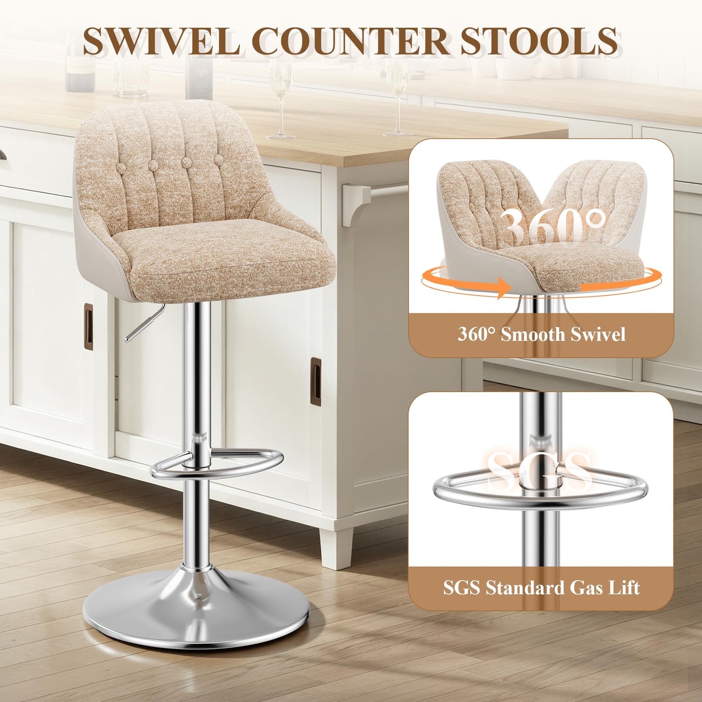 Adjustable Bar Stools Set of 2, Swivel Counter Stools with Backrest, Chenille & Faux Leather Upholstered Bar Chairs