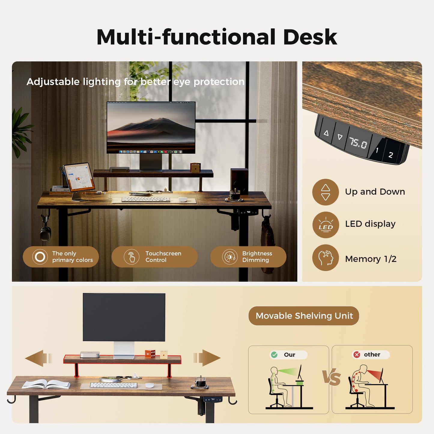 Agilestic Electric Standing Desk, Led & Plug, Movable Monitorstand, 140x60