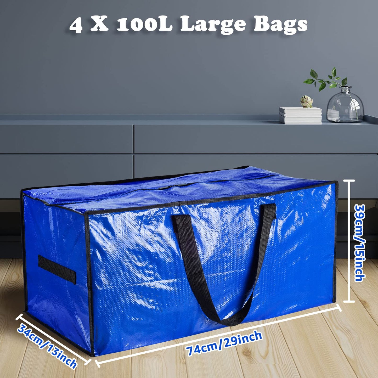 iespell 4 Pack Extra Large Strong Moving Boxes with Lid, Heavy Duty Waterproof Moving Storage Bags for House, Under Bed, Garden