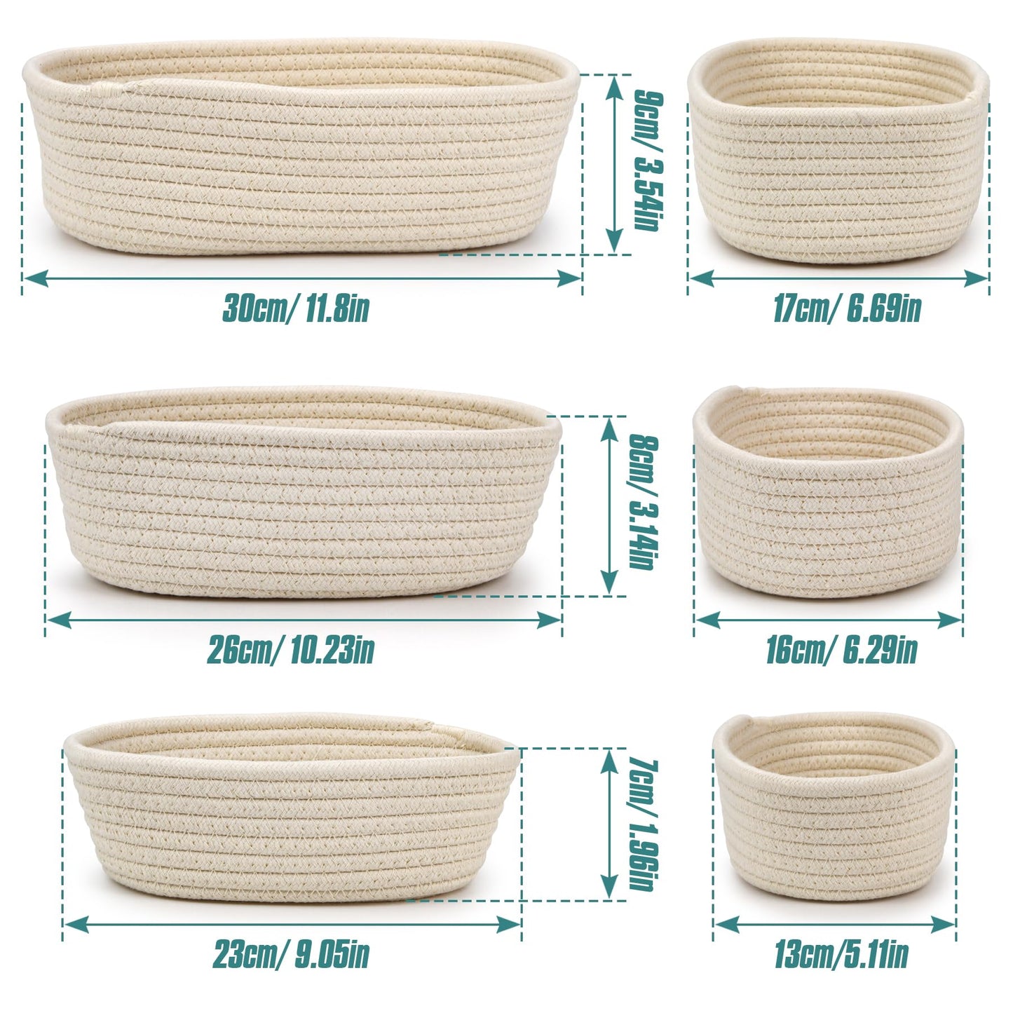 Spesh Cotton Rope Storage Baskets, Set of 3 Woven Shelf Baskets Oval Cotton Storage Boxes Empty Hampers Organiser Bins(White)