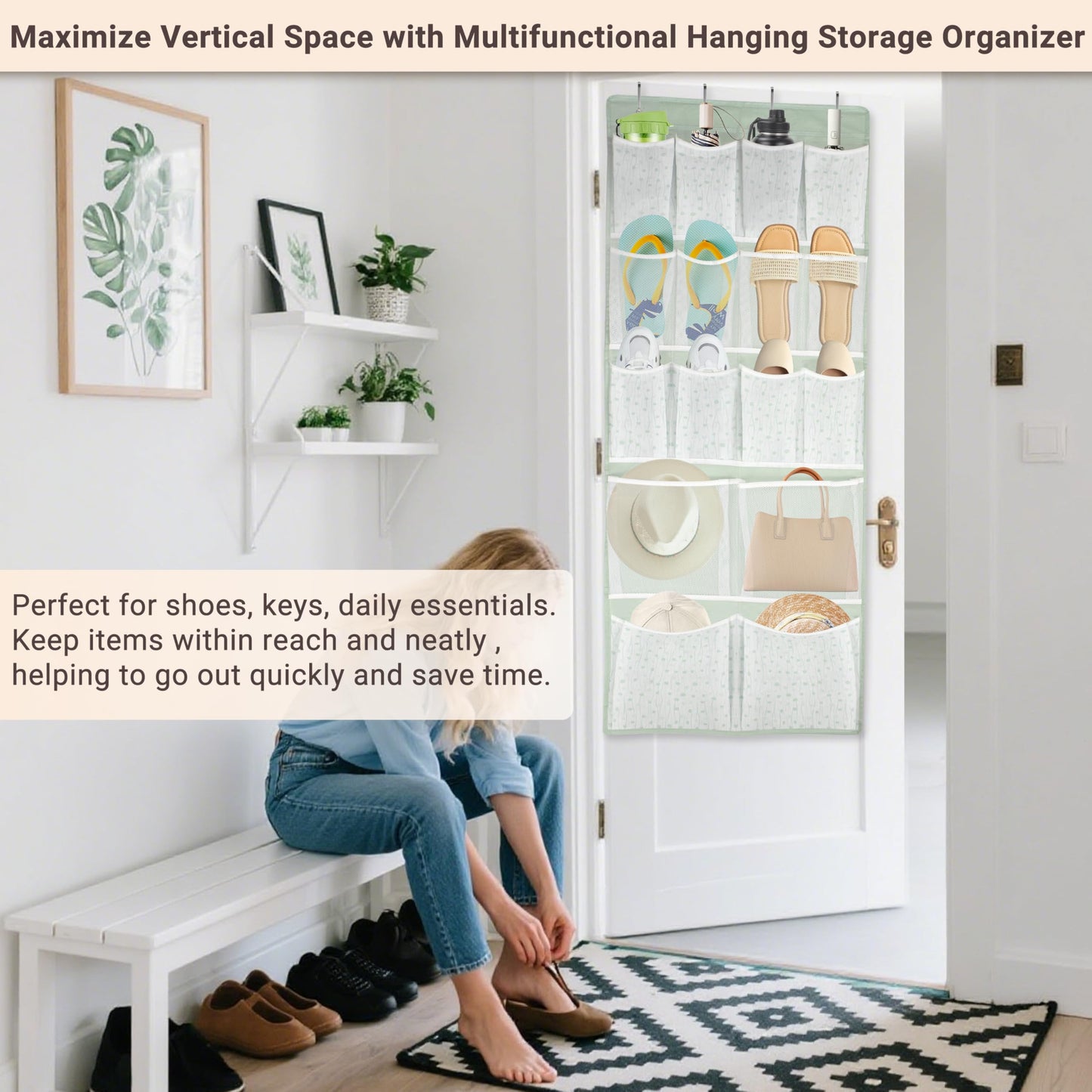 16 Pockets - Over Door Hanging Organiser with 4 Kinds Pouches,Back of Door Bathroom Hanging Shelves Holder for Shoes,Sock,Hat,Underwear,Travel