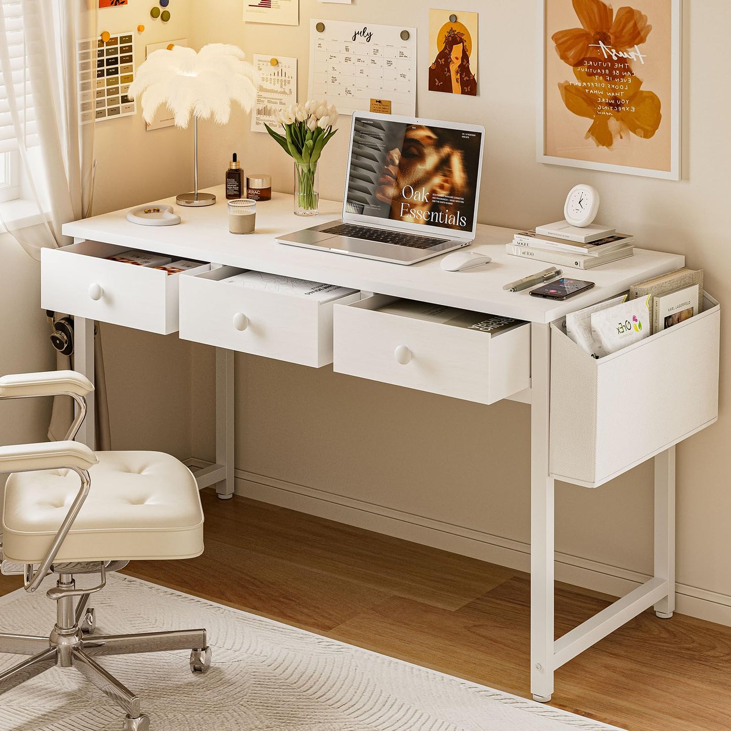 Grandder Small Computer Desk with 3 Fabric Drawers, 100 x 40 cm Home Office Desk with Storage Bags and Drawers