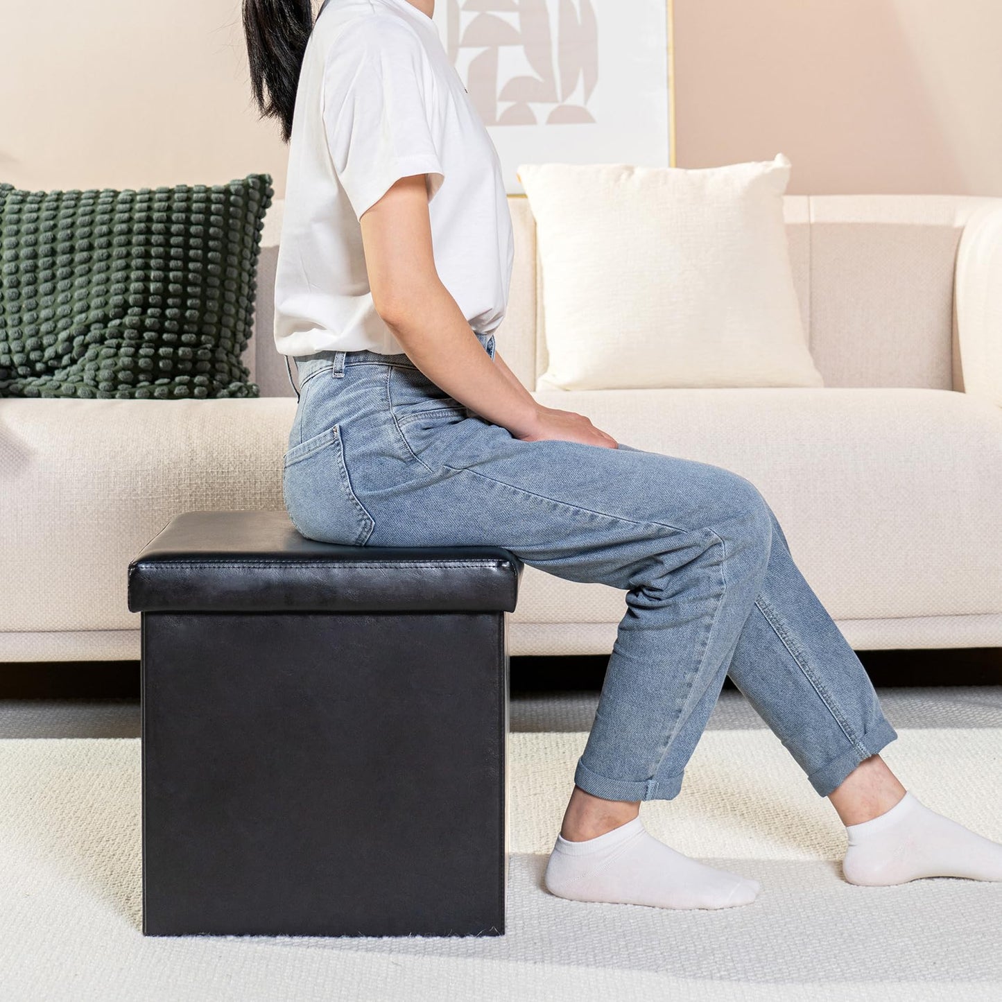 Bonlife Small Ottoman Storage Box with Lid, Foldable Cube Footstool