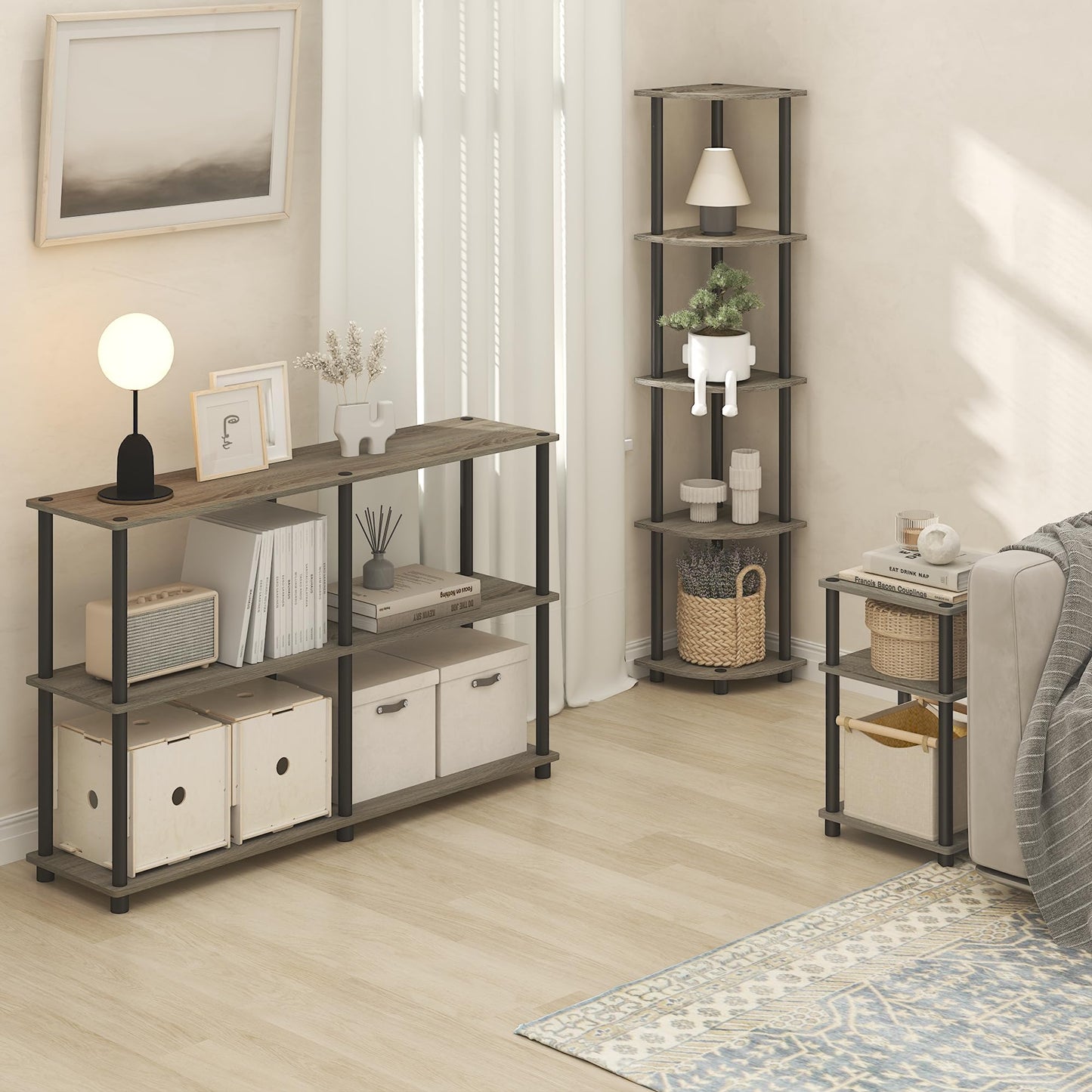 Furinno TURN-N-TUBE Side Table, 3-Tier End Table, Night Stand, Bedside Table, for Living Room, Bedroom, Grey Oak