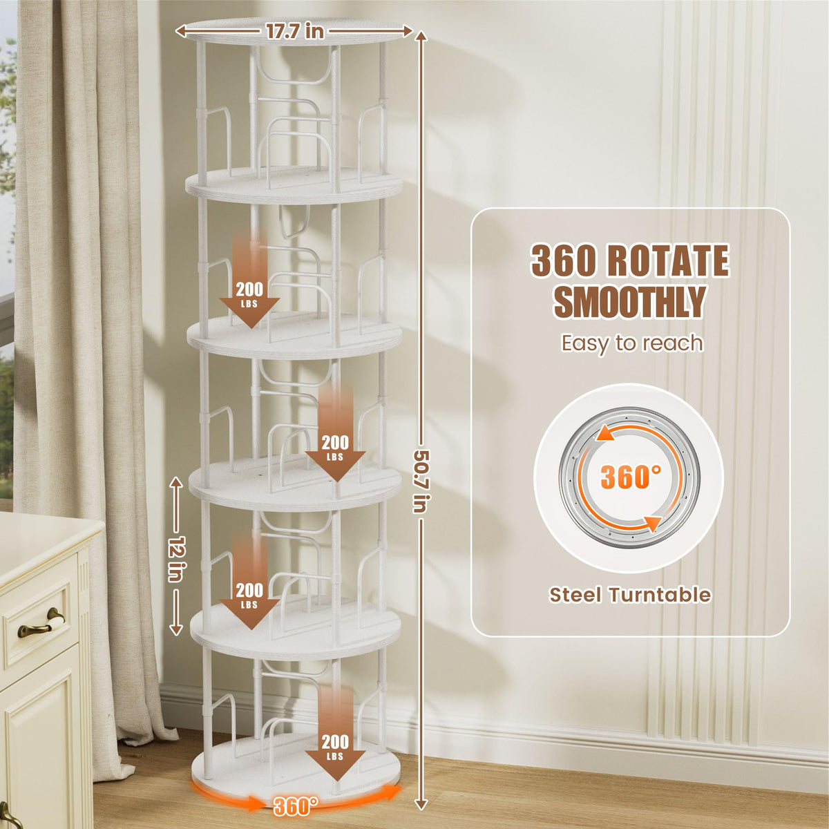 OCTORO 5 Tier Rotating Bookshelf, 360° Corner Bookshelf Tower, Round Revolving Bookcase with Adjustable Levels, Spinning Book Shelf for Home Office