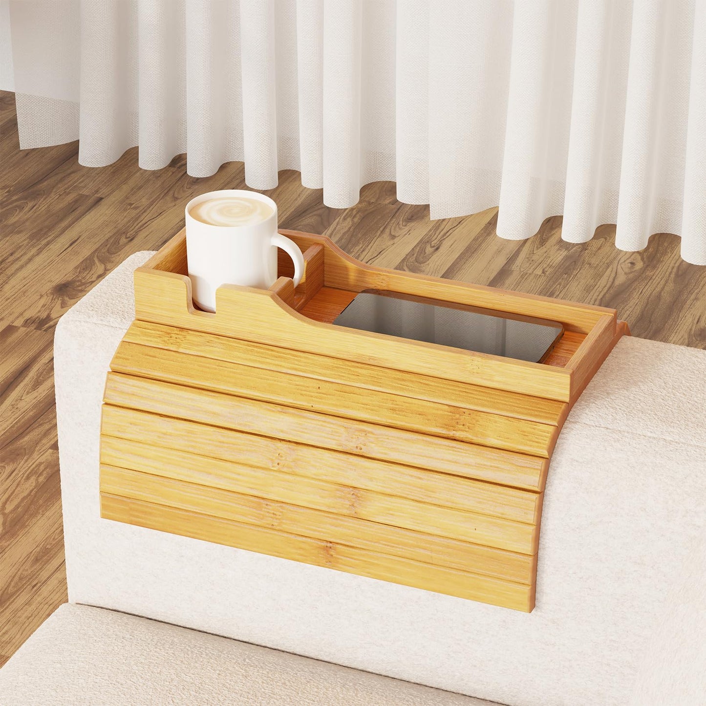 SpaceAid Bamboo Couch Cup Holder, Anti Falling Foldable Sofa Armrest Tray with Cup Holder, Couch Arm Side Table Organizer for Drink Cup Remote Snacks