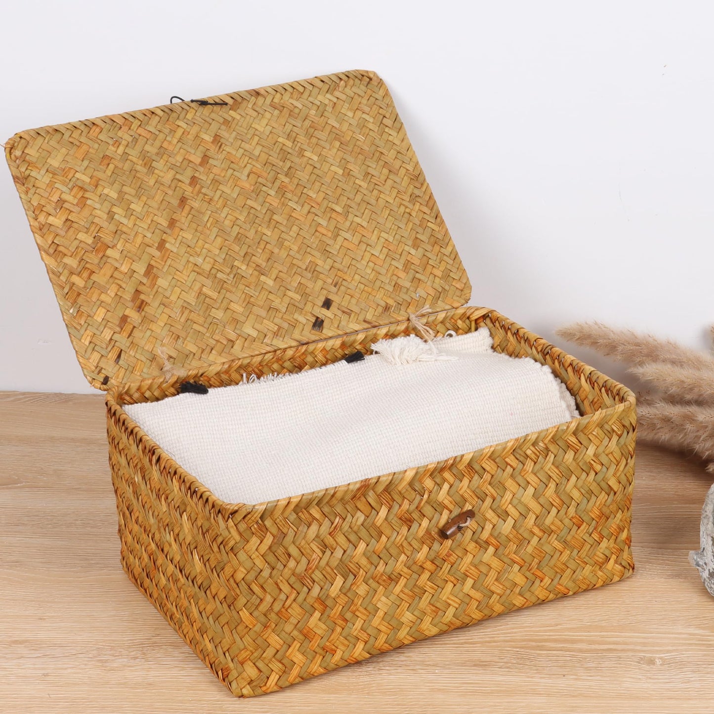 FEIALNDUO Wicker Shelf Baskets with Lid,Seagrass Storage Basket Bins Rectangular Handwoven Basket Boxes for Shelves Desktop Home Organizer