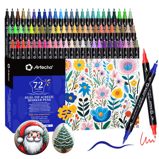 Artecho Acrylic Paint Pens 72 Colors, Dual Tip Acrylic Paint Markers with Brush Tip and Fine Tip for Rock Painting, Glass, Paper, Wood, Egg, Canvas,