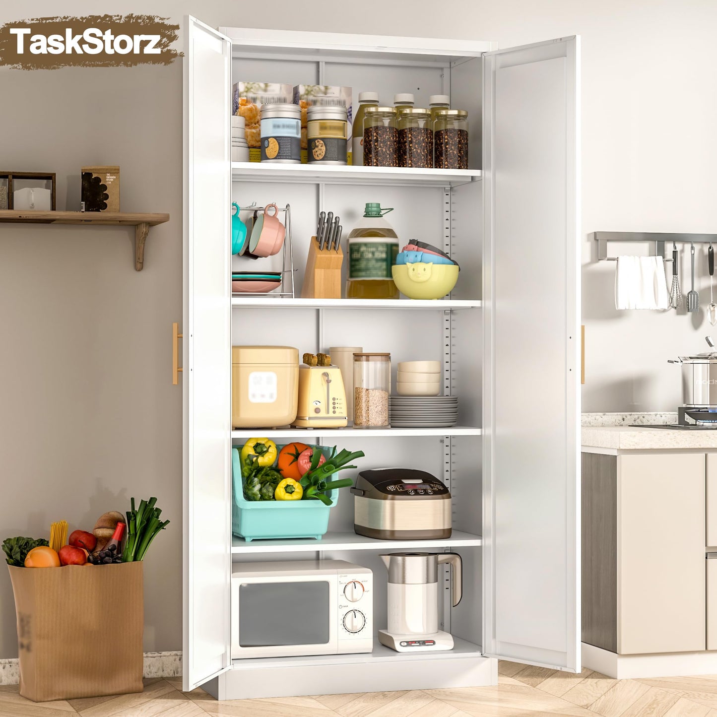 Tall Kitchen Cupboard, 180cm Metal Storage Cabinet, White, 180*70*35cm