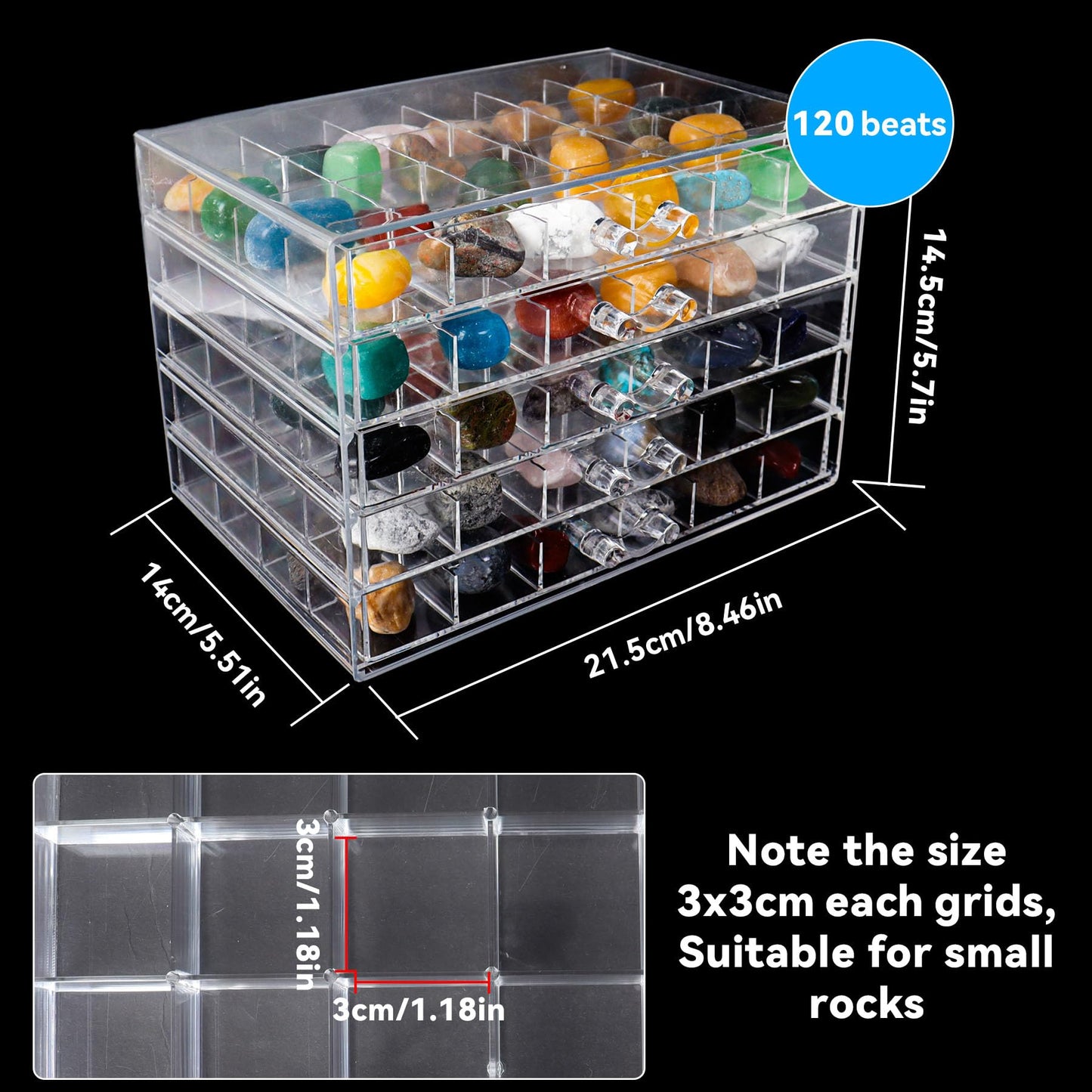 Dmnnlp Small Rock Display Case, 5 Drawers 120 Grids(3x3cm), Clear Acrylic Rock Collection Box