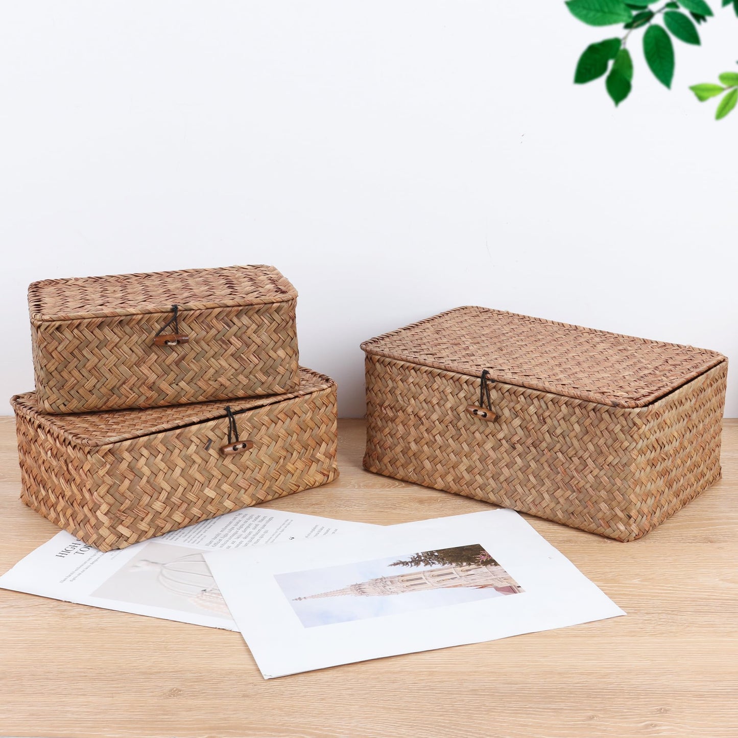 FEIALNDUO Wicker Shelf Baskets with Lid,Seagrass Storage Basket Bins Rectangular Handwoven Basket Boxes for Shelves Desktop Home Organizer
