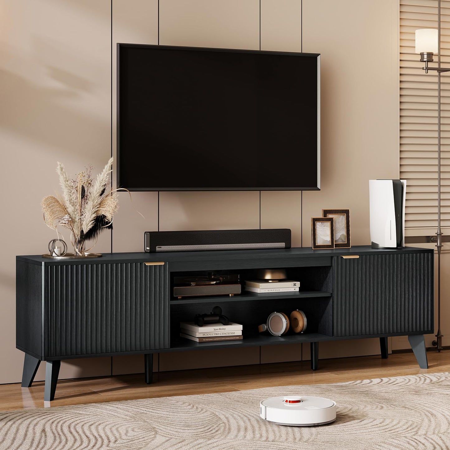 LYNCOHOME Black TV Units for Living Room, 178cm Wooden TV Stand Cabinet