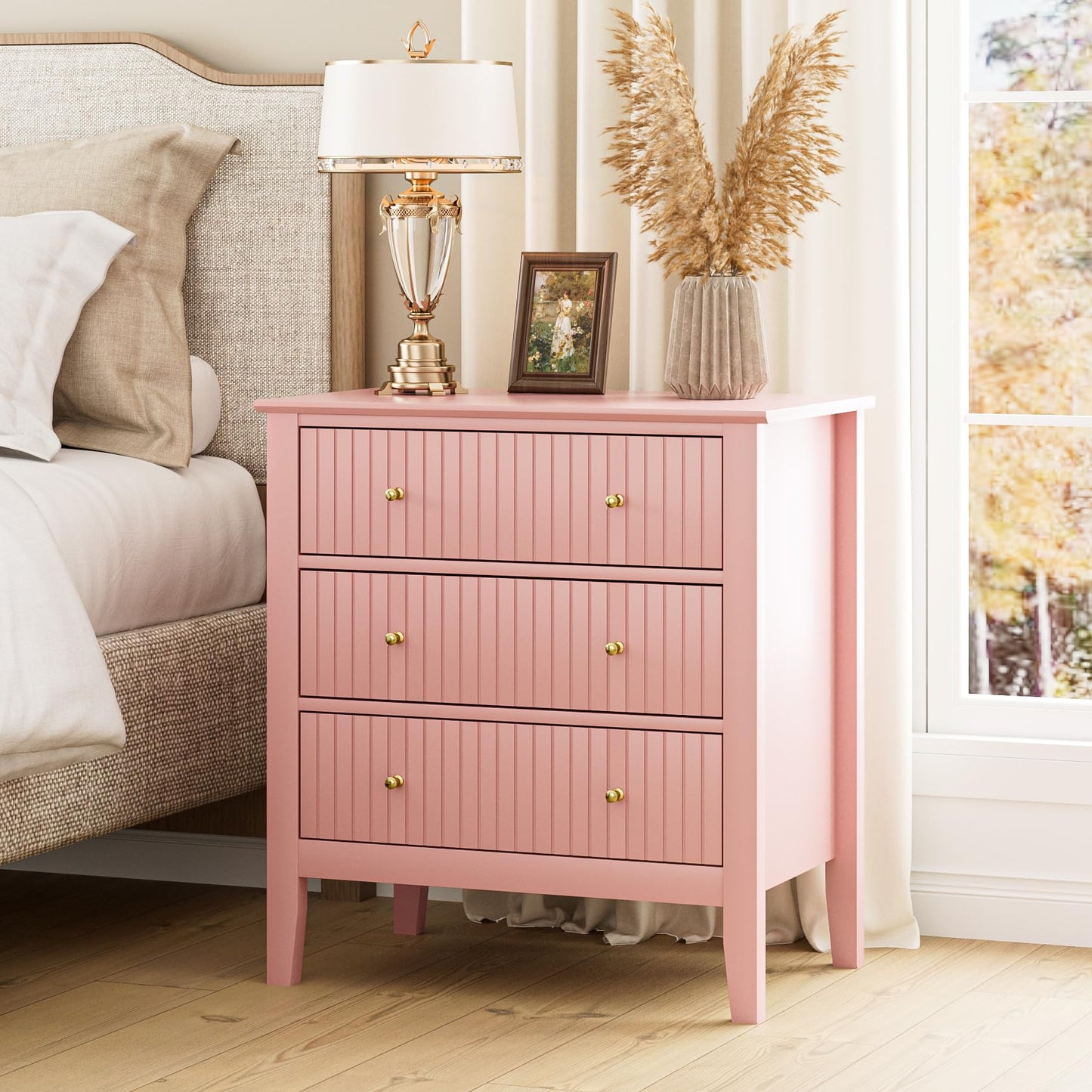 Apetaccat Large Bedside Table Bedroom, 3 Drawer Chest of Drawers, Bedside Cabinet With Metal Handles,for Bedroom Livingroom,Hallway,Pink
