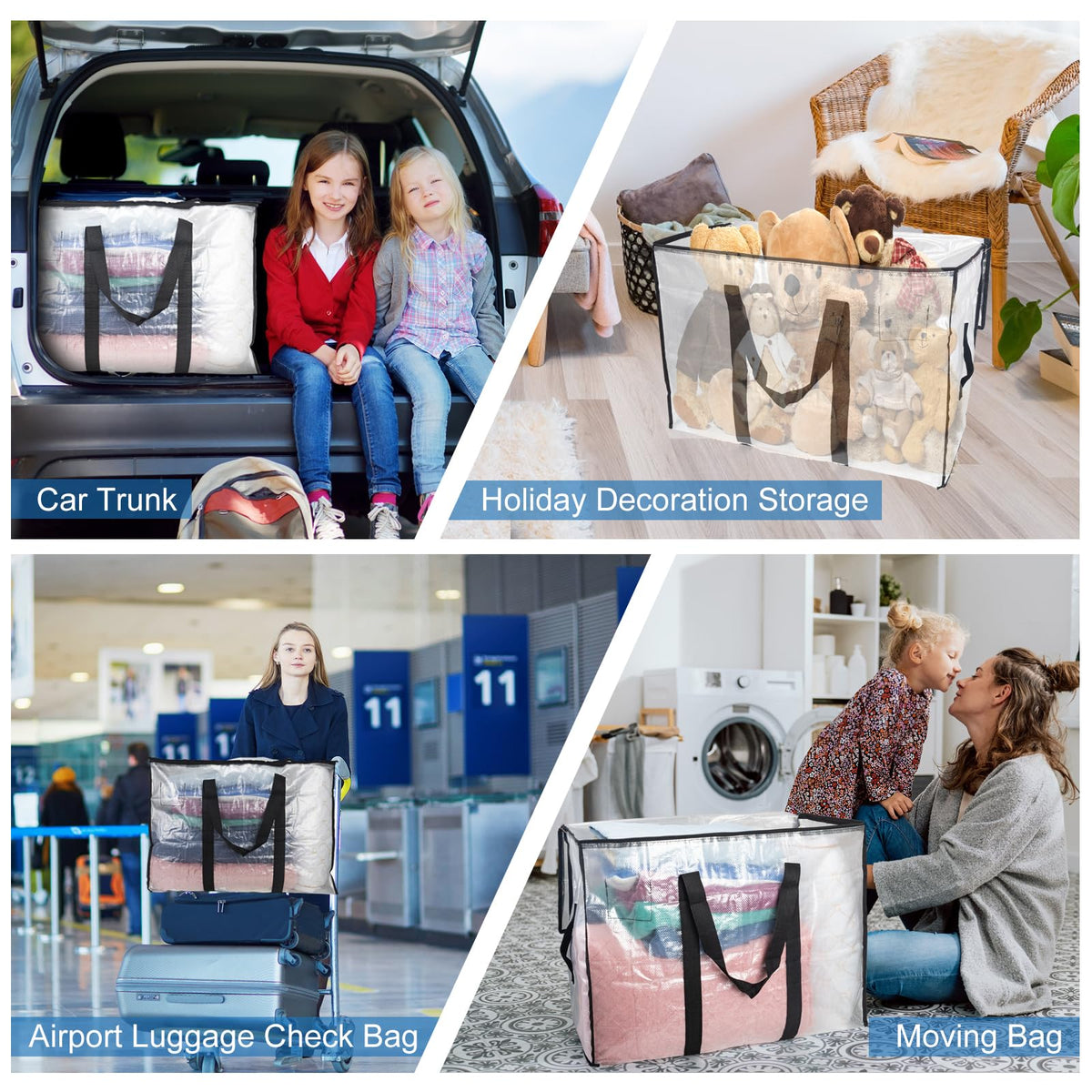 Large Moving Boxes 4Pack Large Storage Bags 95L Packing Boxes for Moving House Heavy Duty Clothes Storage Bags Clear Laundry Bags with Zips Lids for