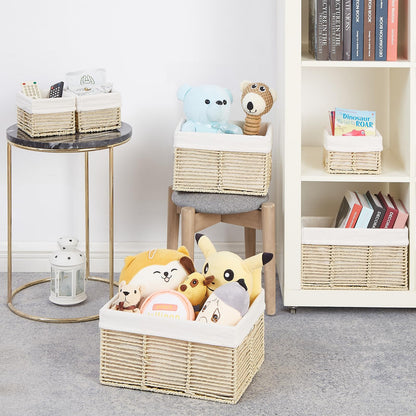 Vagusicc Wicker Storage Basket, Set of 6 Hand-Woven Display Hamper Basket with Handle, Wicker Basket for Shelves Closet