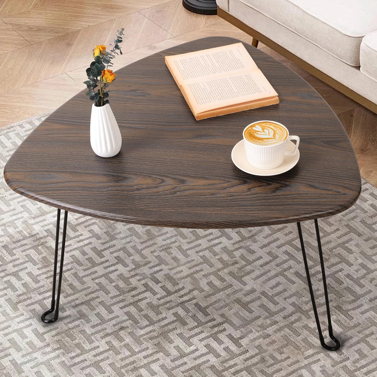 FEUFOAM Folding Coffee Tables for Small Spaces Foldable Industrial Sofa Center Table Triangle Design Wood Framed Coffee Table Mid Century Rustic