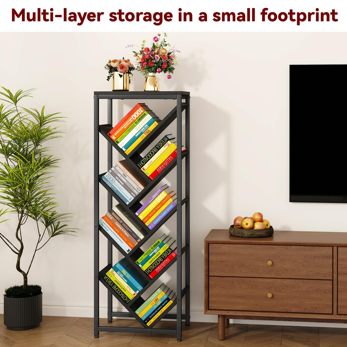 IBUYKE 9 Tier Tree Bookshelf with Top Shelf,Black TBC002B