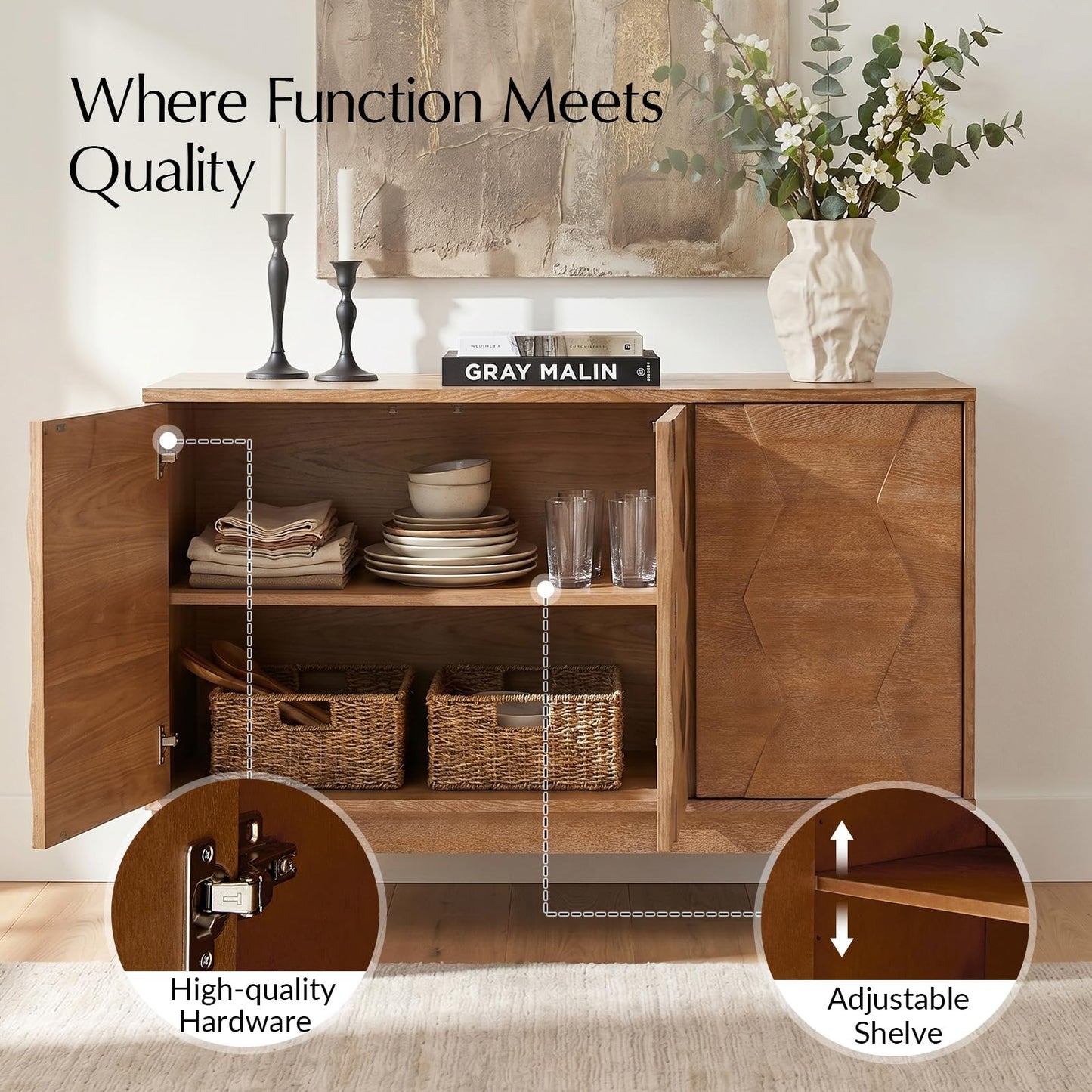 HULALA HOME 115 cm Wooden Sideboard with Adjustable Shelves, Seadrift