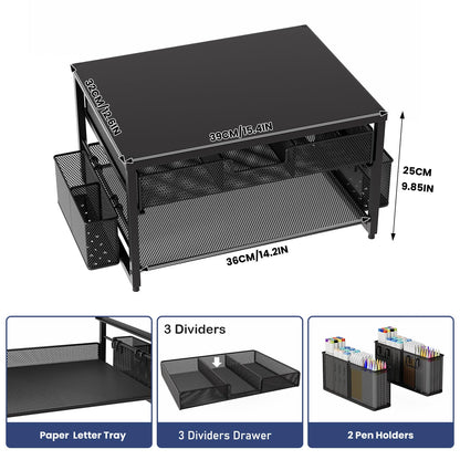 BOKIOVIN Metal Desk Printer Stand with Storage Drawer and 2 Pen Holders, 2 Tier Desktop Printer Riser Shelf with Paper Holder Storage,Multi-Purpose