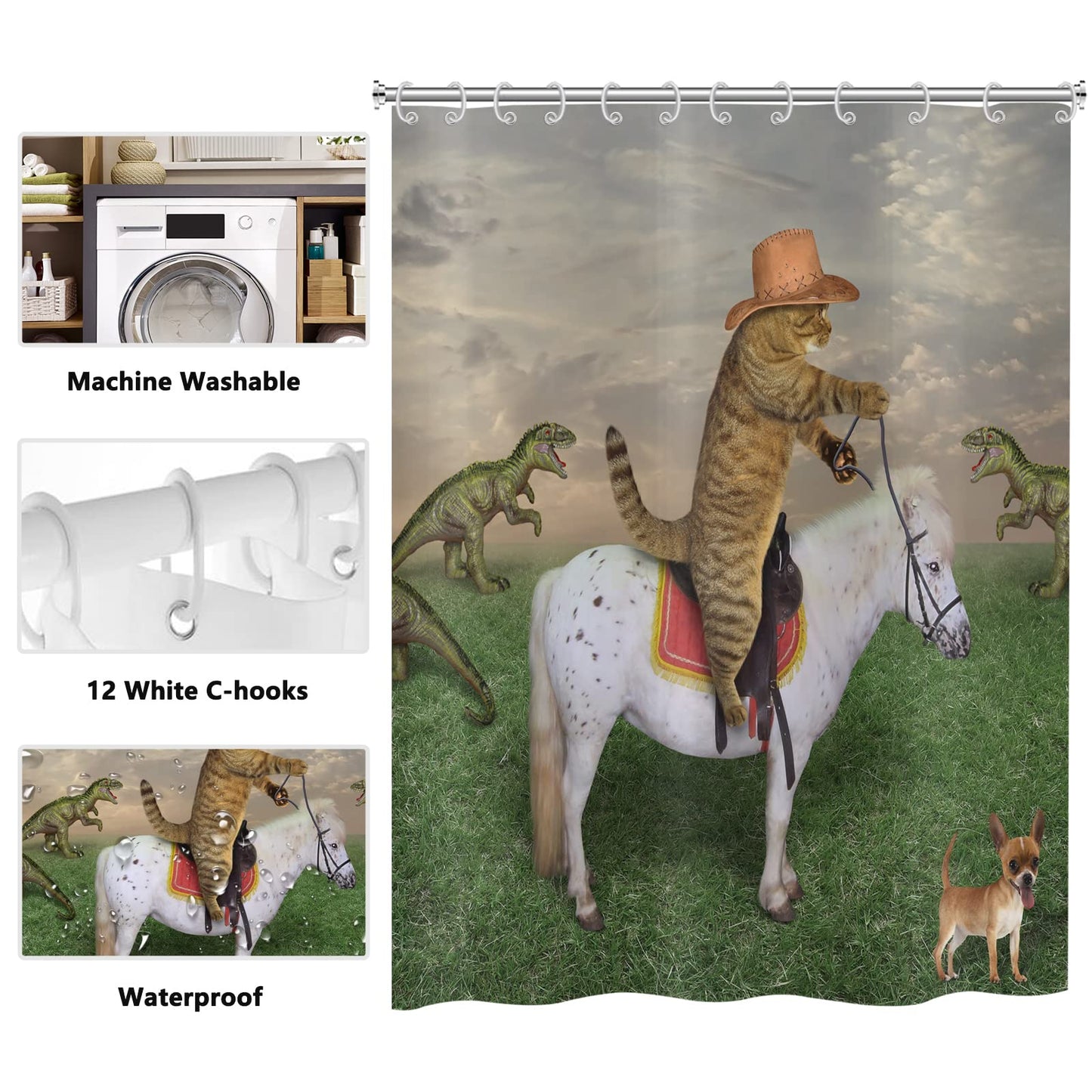 ASDCXZ Shower Curtain Funny 180x180 cm, West Cowboy Farm Funny Cat Ride Horse Washable Textile Bathroom Curtains Polyester Waterproof Shower Curtains