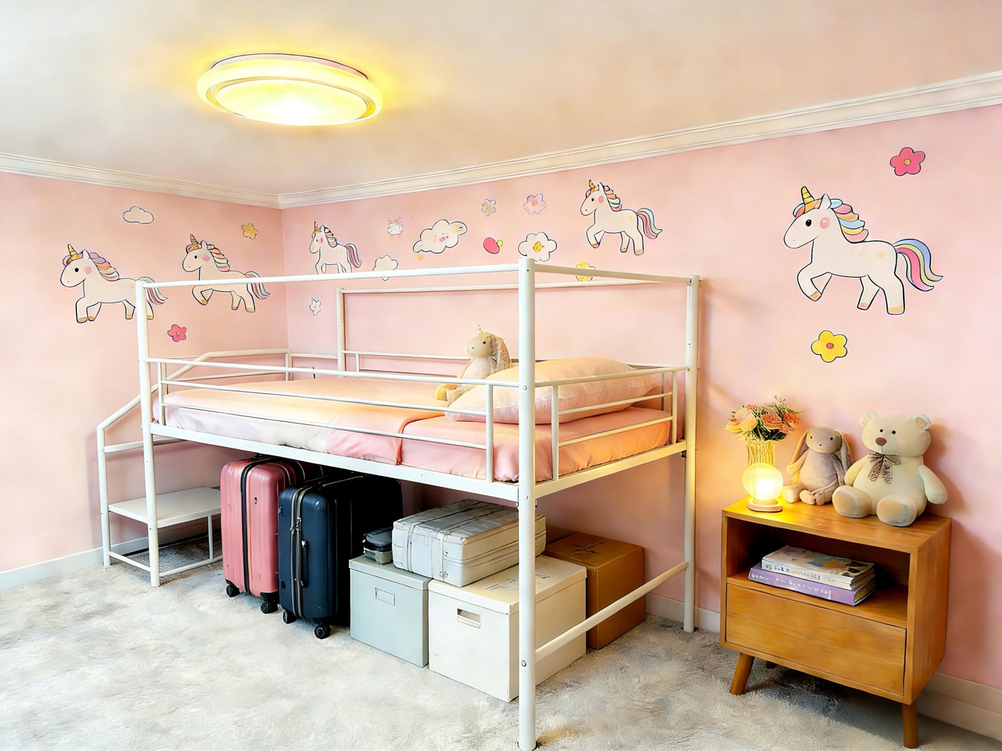 XINBEDEU Single Low Loft Bed with Storage Stairs, Metal Mid Loft Bed Frame with Safety Guardrails, Space-Saving Design for Bedroom