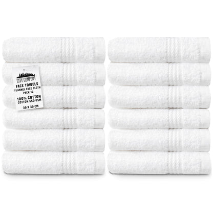 CityComfort Flannels Pack of 12 Face Towels 100% Cotton 550 GSM 30x30cm Highly Absorbent Soft Wash Cloth Household Essentials White - 12 Pack