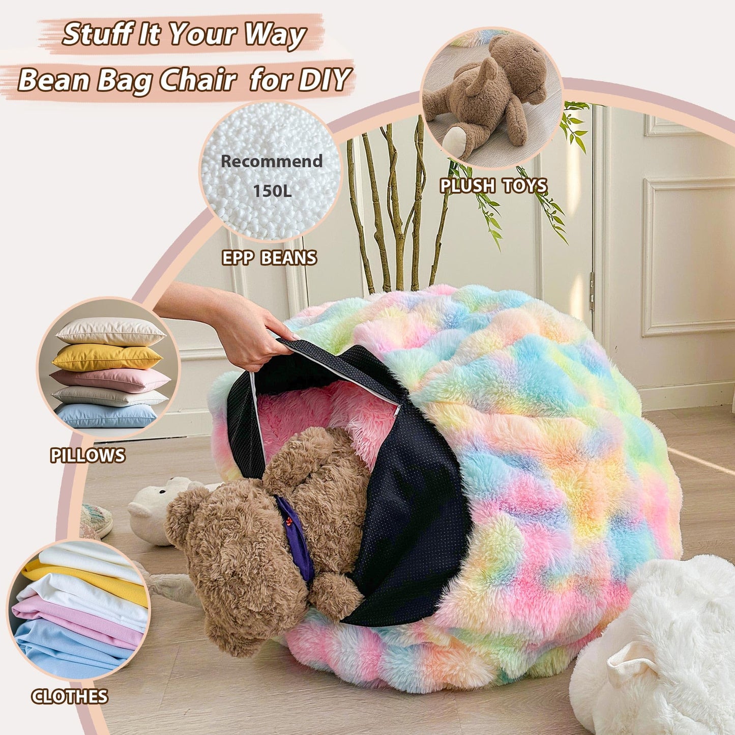 LIFEREVO Kids Fluffy Faux Rabbit Fur Bean Bag Chair Cover, No Filler, Beige