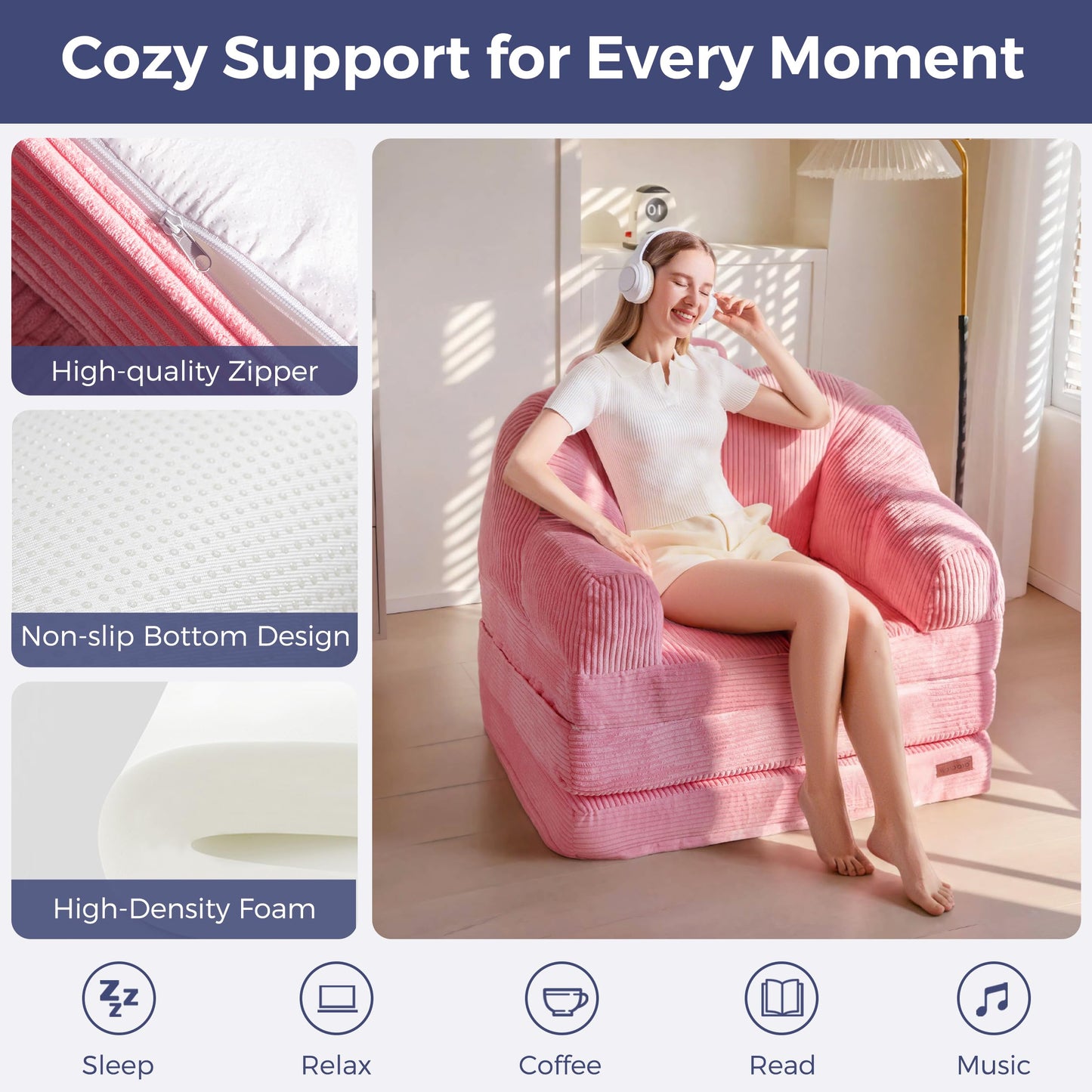 MAXYOYO Folding Sofa Bed with Backrest, Boneless Fold Out Couch Bed with Handle, 2 in 1 Convertible Bean Bag Chair to Floor Sofa Lounger
